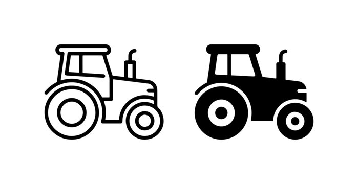 Farm Tractor Icons, Agricultural Vehicle Vector Graphics, Rural Machinery Symbols, Simple Outline and Solid Fill Designs