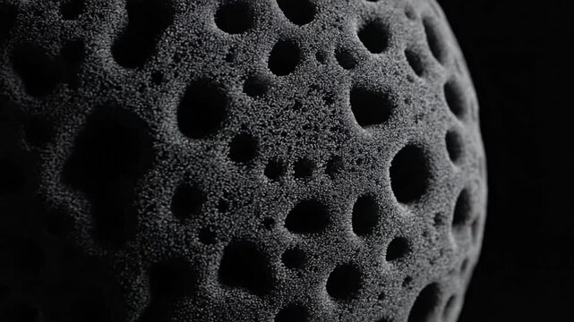 Explore the details of an abstract black textured sponge sphere in a dark setting