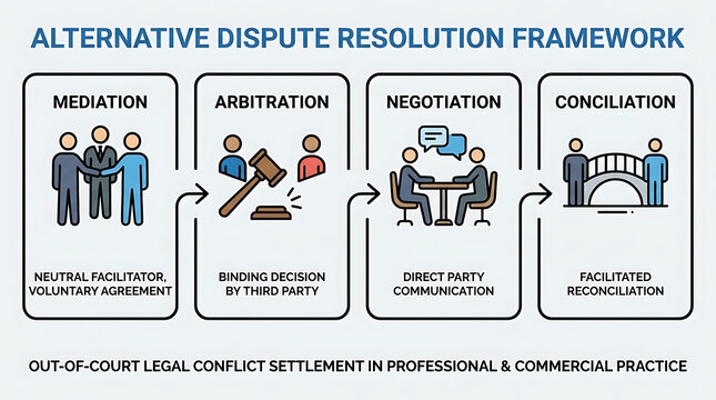 Comprehensive alternative dispute resolution framework featuring mediation, arbitration, negotiation, and conciliation methods for out-of-court legal conflict settlement in commercial environments.
