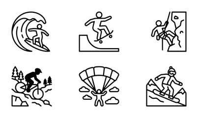 Extreme Sports Icons Set: Surfing, Skateboarding, Climbing, Mountain Biking, Parachuting, Snowboarding Vector Graphics for Adventure and Activity Design © Aisha