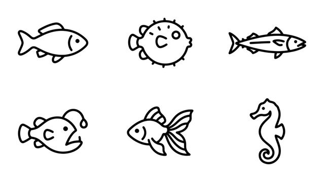 Simple Line Art Fish Icons, Marine Life Vector Set, Ocean Creatures Collection, Underwater Animals Graphics