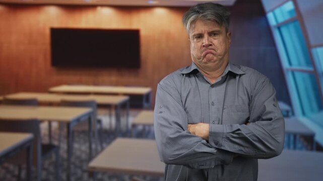 Senior man arms crossed with pronounced frown standing before rows of desks and a blank monitor in a classroom; frustration concern.