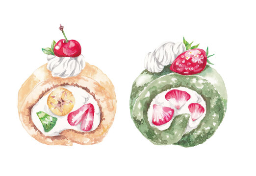 hand-painted watercolor illustration of swiss roll cakes with fruits and cream, isolated on white background