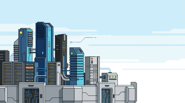 Futuristic pixel art city skyline with high tech skyscrapers and industrial base.