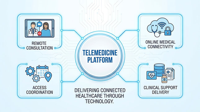 Telemedicine digital healthcare platform for remote patient consultation providing online medical connectivity healthcare access coordination and virtual clinical support delivery services.