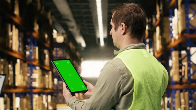 Vertical mockup screen on tablet near warehouse staff in logistics hub, surrounded by parcels and cargo. Inventory control and order dispatch provides e-commerce operations with manual labor.