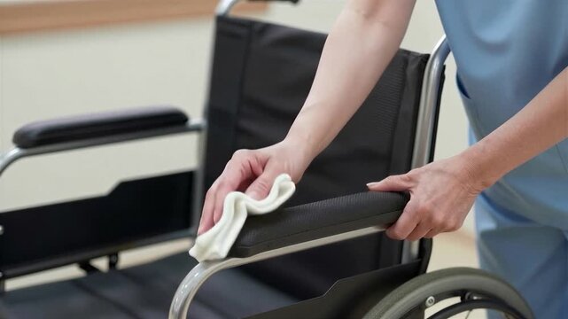Caregiver Cleaning Wheelchair Armrest in Elderly Care Facility,copy space on the left,seamless loop,4K