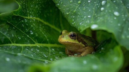 Obraz premium Rainy Sanctuary: A Frog Peeking from Under a Leaf — Close-Up of Wildlife in a Downpour