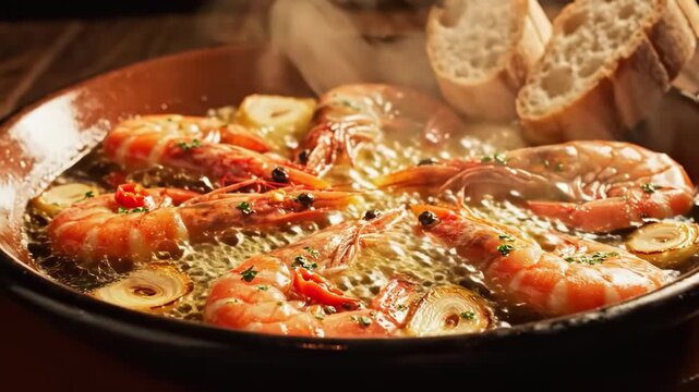 Sizzling Garlic Shrimp Scampi with Herbs and Toasted Bread in a Hot Pan.