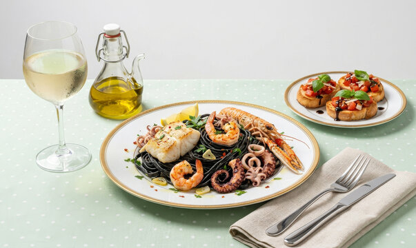 Tagliolini nero with grilled seafood, langoustine, octopus and squid, served with white wine and bruschetta at an elegant table.