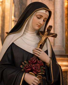 Statue of Saint Rita of Cascia veiled nun holding a crucifix in a Catholic church - Estatua de Santa Rita de Cassia