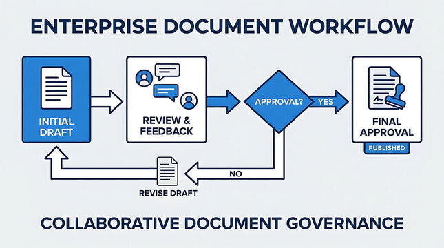 Comprehensive enterprise version control system workflow diagram illustrating systematic document lifecycle stages from initial draft creation to final approval and collaborative feedback review.