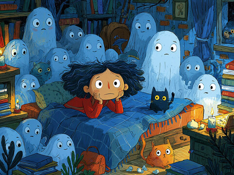 Young boy in cozy room, surrounded by smiling ghosts, reading book, cat present, soft yellow lighting, numerous glowing objects, illustrated style, late eveningearly morning, starry sk - AI-Generated