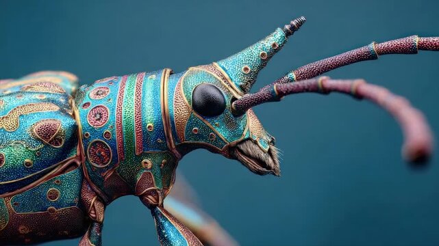 Close-up of ornate insect with teal, red, gold, & blue iridescence. Curved antennae. Fuzzy face