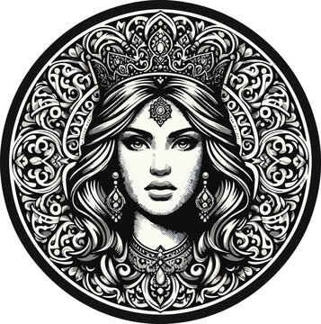 Detailed Symmetrical Mandala Icon with Modern Ethnic Princess Faces and Classic Vintage Retro Traditional Logo Textures for Professional Branding