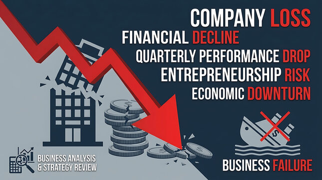 Financial business failure concept illustrating economic downturn company loss corporate setback and quarterly performance decline with entrepreneurship risk analysis strategy for market crisis