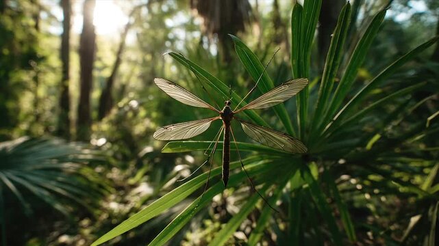 A crane fly with translucent wings rests on a green palm frond in sunlit forest