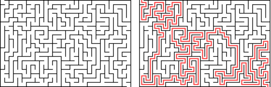 Complex maze puzzle with highlighted solution path