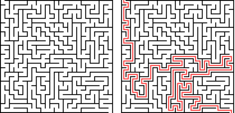 Maze puzzle with highlighted escape path