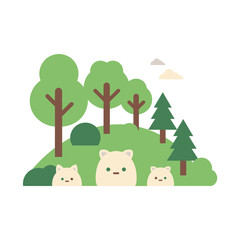 Obraz premium Cute cartoon bears in a whimsical forest landscape with trees and bushes