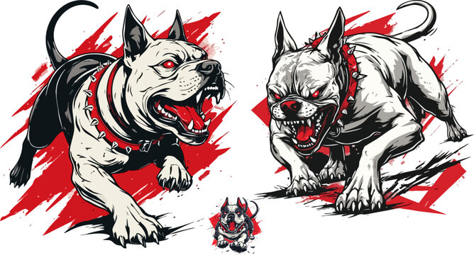 Aggressive pitbull mascot vector set, angry guard dog with spiked collar, fierce bulldog illustration in red and black comic style