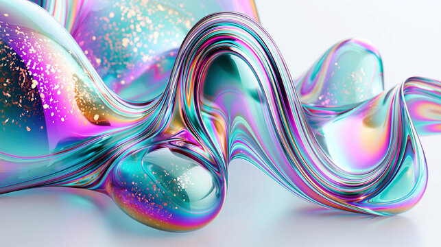Futuristic, fluid holographic shapes on white background abstract composition with vibrant blues, purples, and gold tones Wave-like structure in soft lighting, mimicking natural pheno - AI-Generated