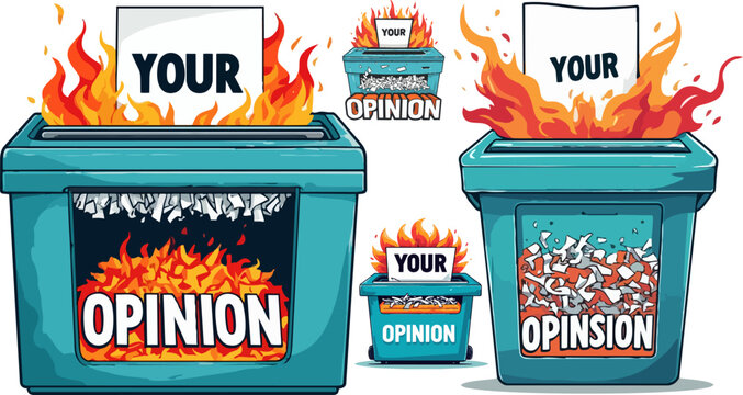 Satirical burning trash bin vector set, dumpster fire with your opinion text, metaphorical waste disposal of feedback and ideas