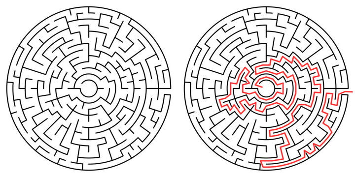 Circular maze puzzle with red highlighted solution path