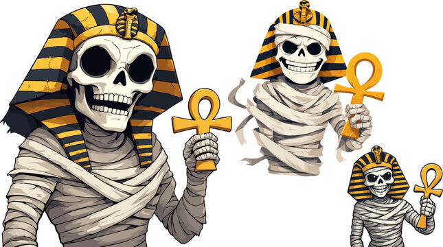 Ancient Egyptian mummy skeleton vector set, undead pharaoh skull character with gold ankh cross, spooky halloween mummy mascot illustration