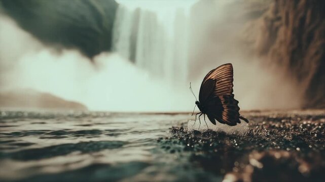 A butterfly rests on a wet surface near a waterfall. Dark tones. Mist is present