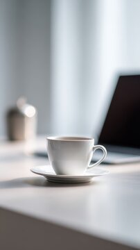 White ceramic coffee cup resting on a matching saucer on a clean white desk with a blurred laptop and soft natural light in the background for a cozy workspace atmos