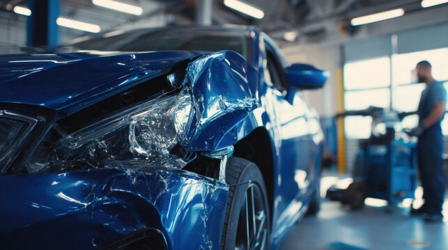 Damaged blue car with front fender and headlight crushed inside an auto repair shop with mechanic preparing tools in the background