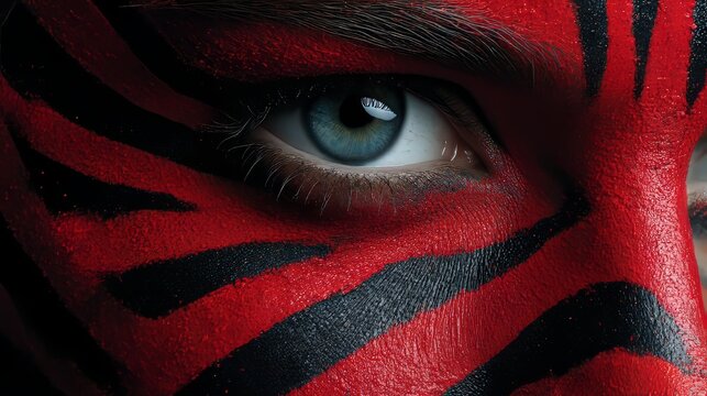  Intense Tiger-Inspired Face Paint: Close-Up of a Striking Blue Eye Amidst Bold Red and Black Patterns &mdash; Warrior Aesthetic