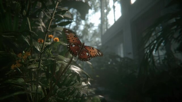 A monarch butterfly rests on flowers, framed by lush foliage and a building in the background