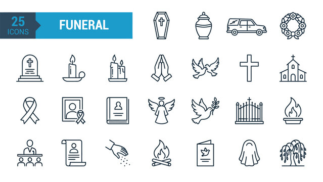 Funeral Services and Memorial Thin Line Icon Set featuring Burial and Remembrance Symbols