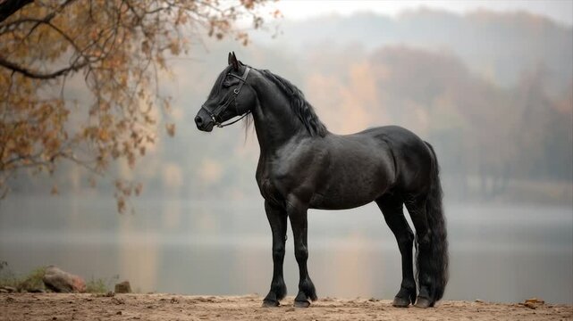 A majestic black horse stands near a lake in fall. It wears tack. Misty background