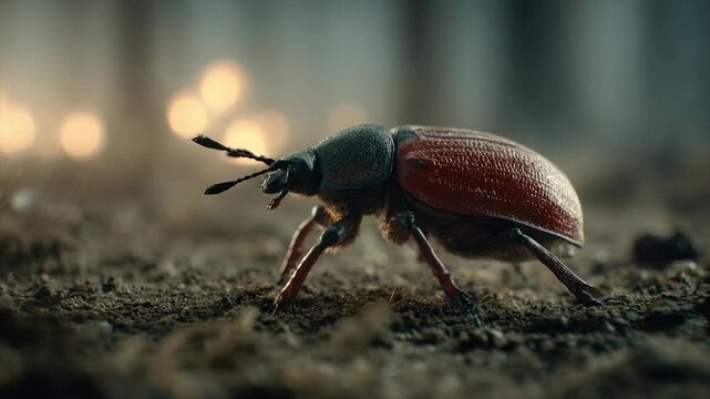 Macro shot of a beetle with a shiny red carapace on the ground, blurred lights in the background