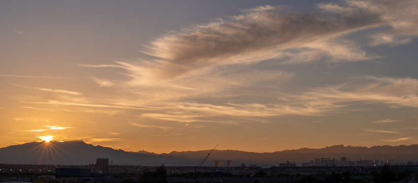  Las Vegas Nevada Skyline with Stratosphere Tower and Desert Mountain Backdrop from Daylight to Sunset and Night