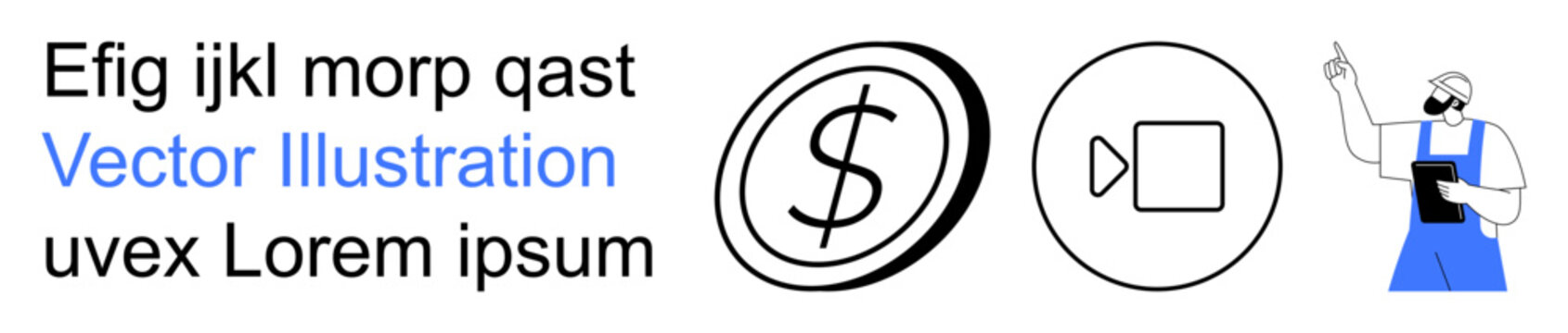 Finance, online learning, communication, economics, business tools, visual storytelling. Hand-drawn man with a raised hand, dollar coin and video play icon. Finance and online learning concept