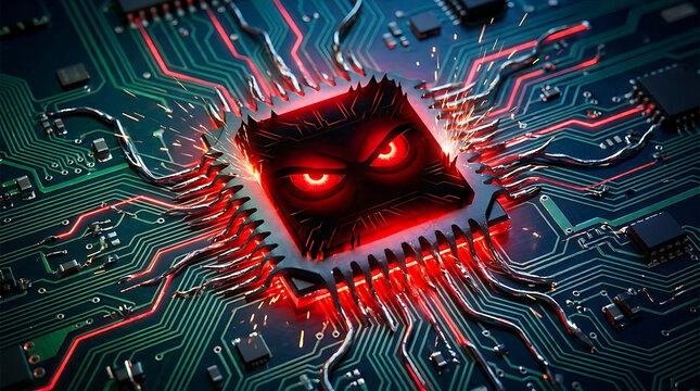 Artificial Intelligence Processor Chip Featuring Threatening Glowing Red Eyes on a Digital Circuit Board Representing High Danger Risk and Uncontrolled Machine Logic Safety Concerns in Technology