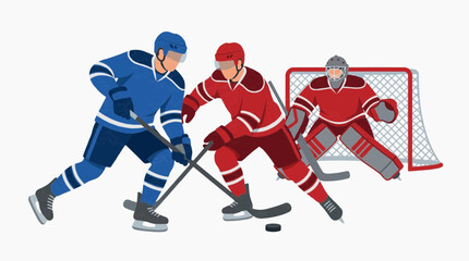 Fototapeta premium Ice hockey players in action, one in blue and one in red jersey fighting for the puck in front of the goal