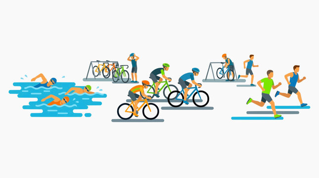 Triathlon competition stages including swimming, cycling, and running
