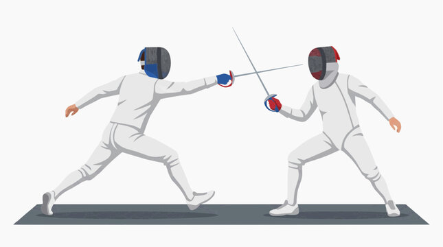 Two fencers in white uniforms dueling with foils