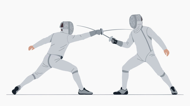 Two fencers in protective gear dueling with swords