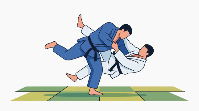 Judo fighters performing a hip throw technique on a tatami mat