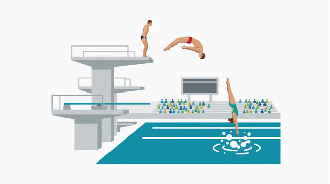 Illustration of professional divers performing jumps from a high diving platform into a swimming pool