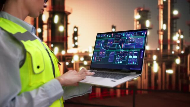 Woman Engineer Uses Laptop To Monitor Energy Pipelines