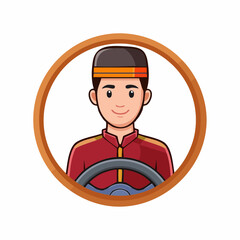 Fototapeta premium Happy Cartoon Driver Wearing Traditional Hat Behind Steering Wheel