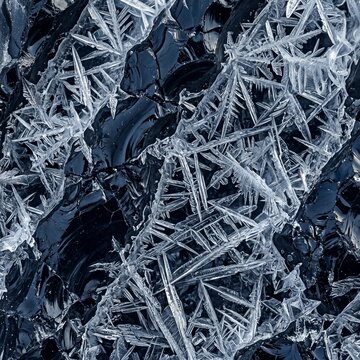 Extreme Macro of Intricate Ice Crystal Formations on Dark Obsidian Rock. Abstract Nature Background with Fractile Patterns. 8K Ultra High Definition