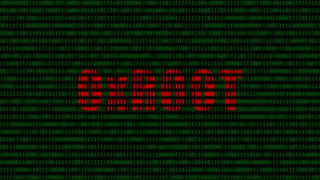 Cybersecurity threat alert: red binary code "0xroot" warning on green digital matrix background, for tech concepts